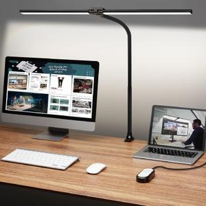 ShineTech Led Desk Lamp for Office Home, Bright Double Head Desk Light with Clamp, Architect Task Lamp 50 Lighting Modes Adjustable Flexible Gooseneck (5CCT in One (3000K/3500K/4000K/5000K/6000K))