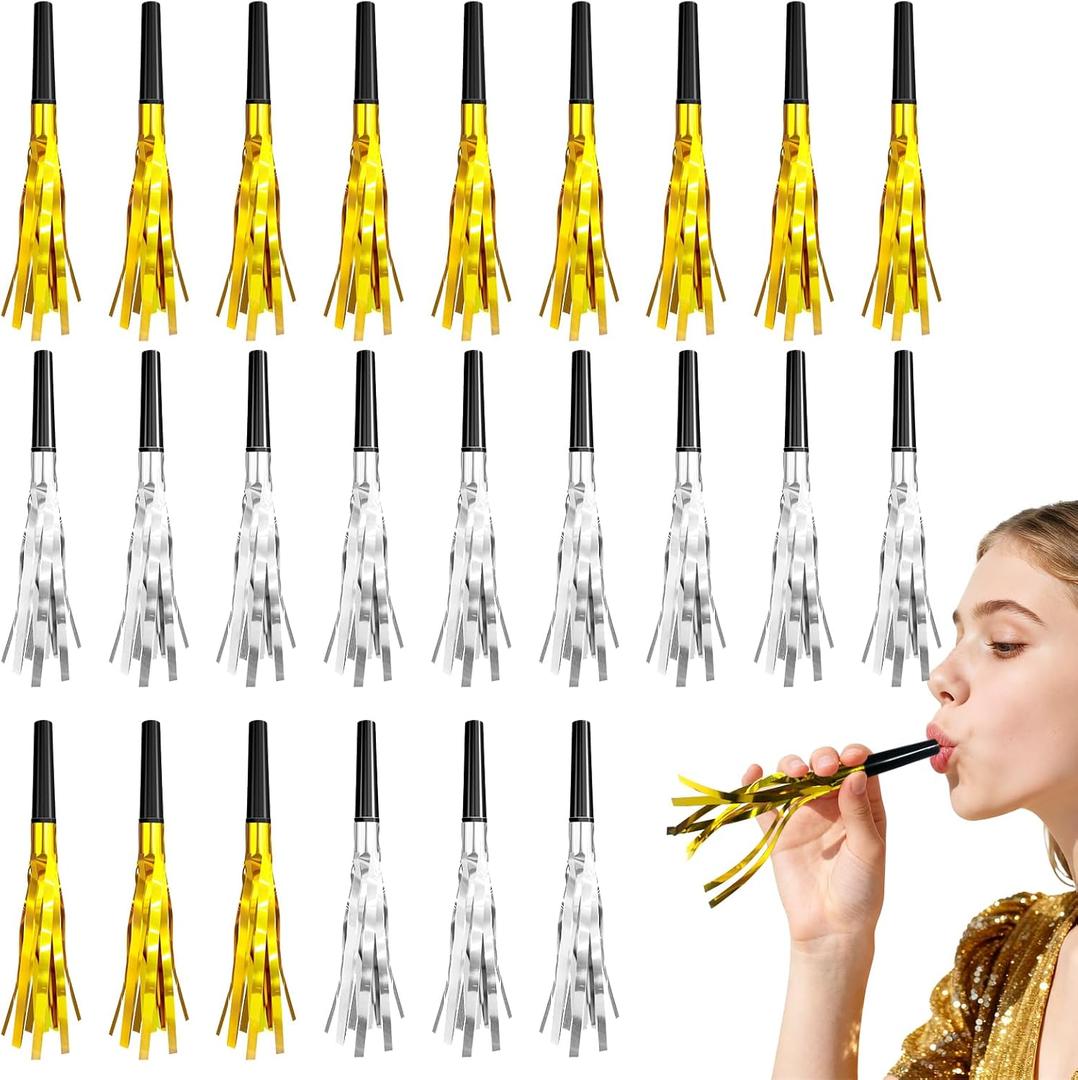 Uniticber 24-Pack Gold and Silver Noise Makers | Elegant Glitter & Metallic Fringed Party Blowers for Adult Events  Birthday, Graduation, Sports & New Years Favors