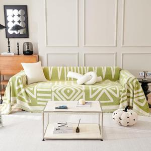 VClife Boho Couch Cover Non-slip Chenille Sectional Sofa Couch Cover for 2 Cushion Couch Sofa Modern Cream White Green Geometry Sofa Slipcover for Loveseat Washable Furniture Protector Cover 71"x 118"