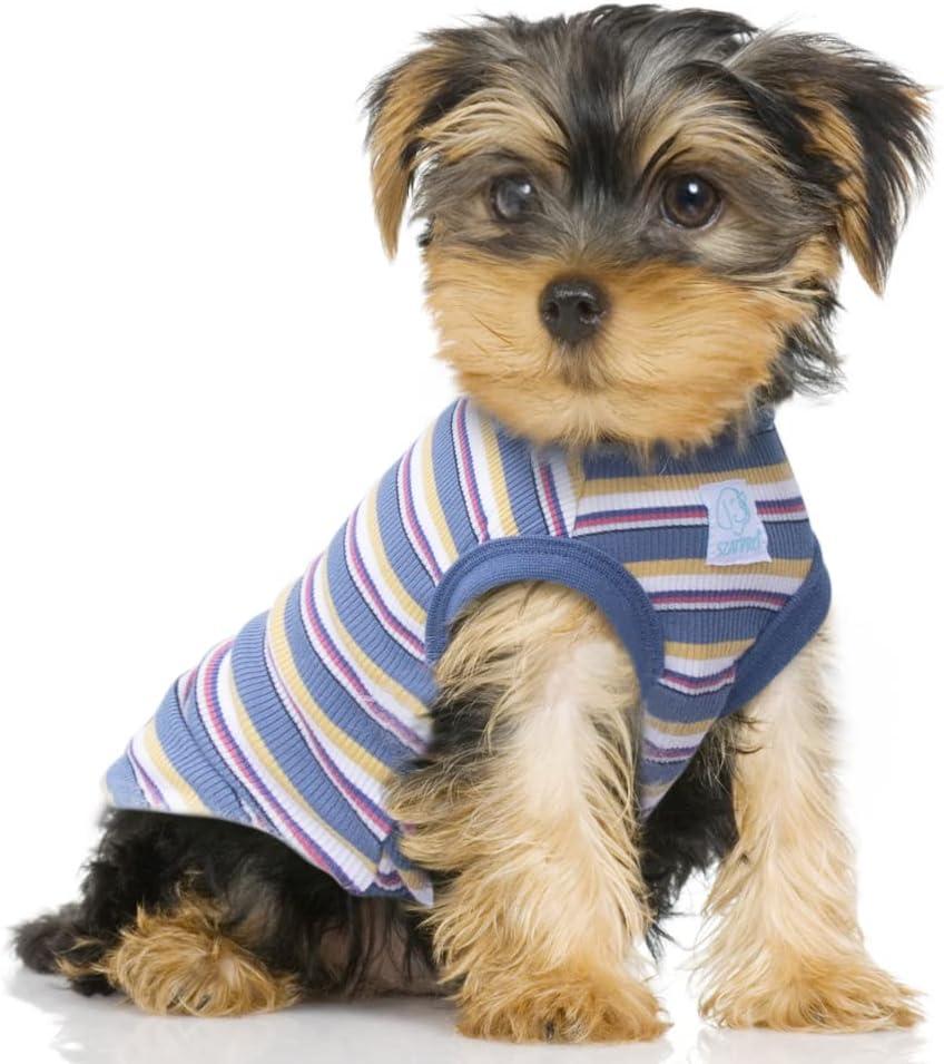 Striped Teacup Pet Dog T-Shirts, 100% Cotton Tank Vest for Small Dogs and Cats, Sleeveless Puppy Clothes for Chihuahua Yorkie Blue Yellow, X-Small