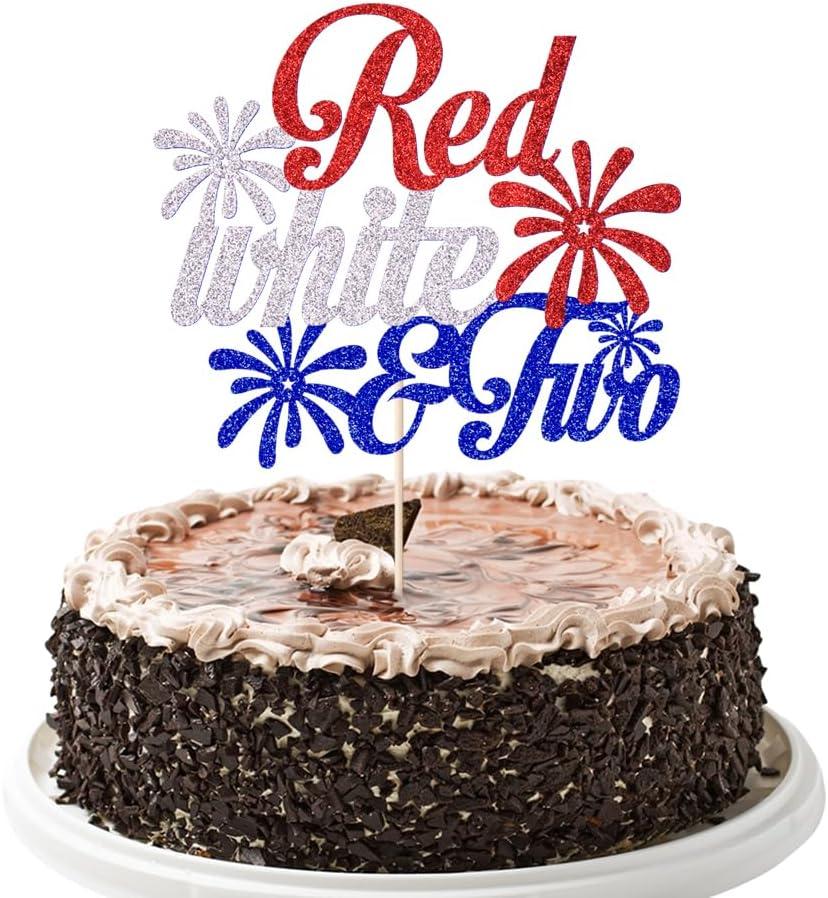 Red White Two Cake Topper 4th of July Independence Day Theme Decor Supplies American National Day Happy Birthday Anniversary Party Decorations (Red silver dark blue)