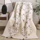 vctops 100% Cotton Quilted Throw Blanket 50x60 Inch Floral Embroidered Reversible Patchwork All Season Throw (Blue,50"x60")