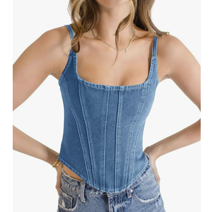 Womens Sleeveless Denim Vest Crop Tank Tops Spaghetti Straps Slim Fit Summer Cami Top SIZE XL