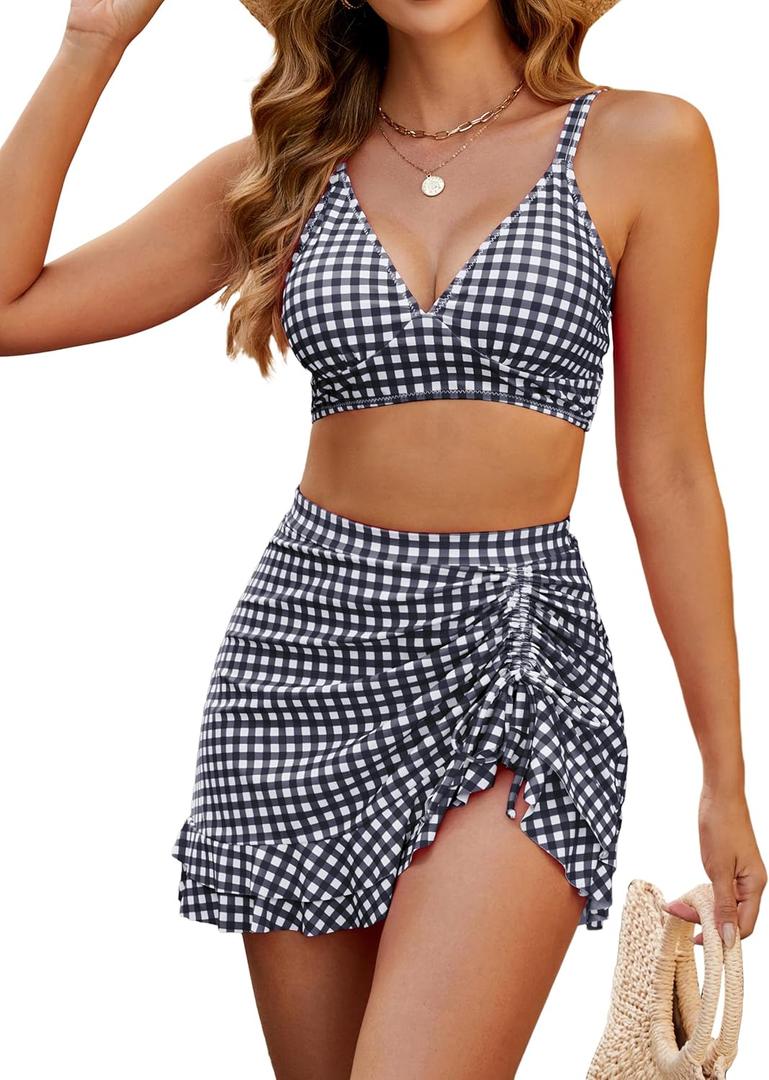 Blooming Jelly Women's High Waisted Bikini Sets Tummy Control Swim Skirt Two Piece Swim Suit 2025 Retro Swimsuit (Large, Black White Plaid)