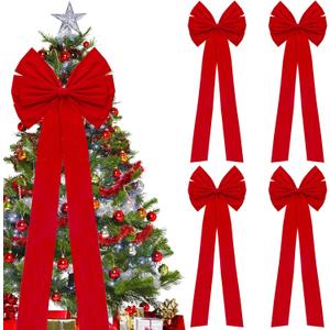 4 Pack Christmas Bows Decoration Large, 18x35 Car Bow, Christmas Tree Bow Topper Red, Wreath Bow, Christmas Red Velvet Bows, for Xmas Home Front Door Patio Outdoor Decor (Red 2, 4 Pack)