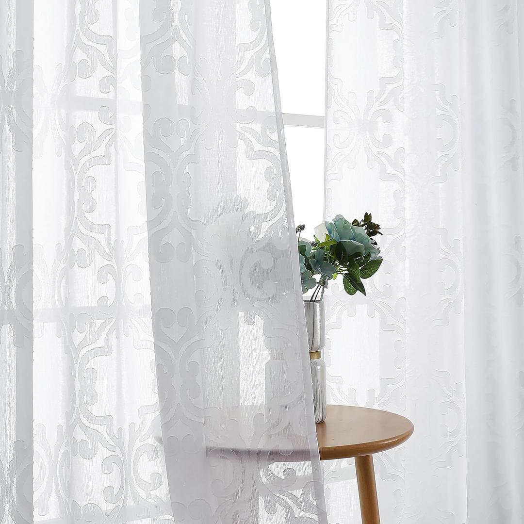Aiyufeng Sheer Curtains 84 Inches Long for Bedroom Living Room, Solid White Curtains Luxury 3D Floral Clip Jacquard Light Filtering Semi Sheer Curtains & Drapes, 54Wx84L Inch, 2 Panels