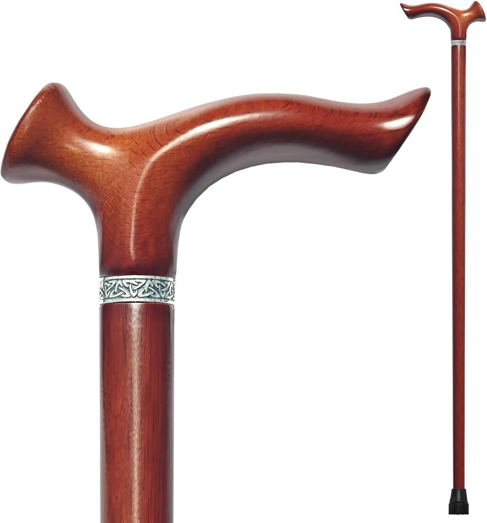 Wooden Walking Cane, Beech Wood Handmade Ergonomic Cane with Non-Slip Rubber Tip for Men & Women, Supports up to 350 lbs, 37"