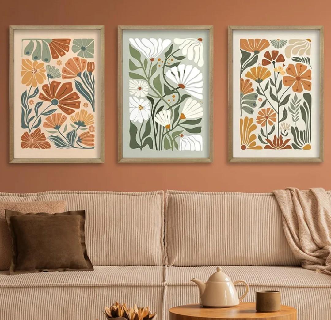 Wildflower Floral Green Botanical Wall Art Print 16"x11" Set of 3 flower Illustrations Minimalist Modern Boho Sign Wood Framed for Living Room Bedroom Office Abstract Wall Hang Decor (Wood)