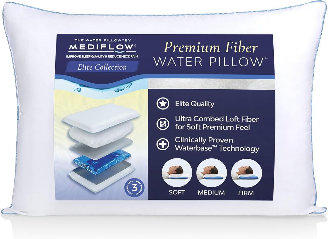 Water Pillow - Elite Collection, Fiber Pillow. Orthopedic Pillow for Neck Pain Relief, Adjustable Water Pillow for Sleeping. (Single Pillow), White