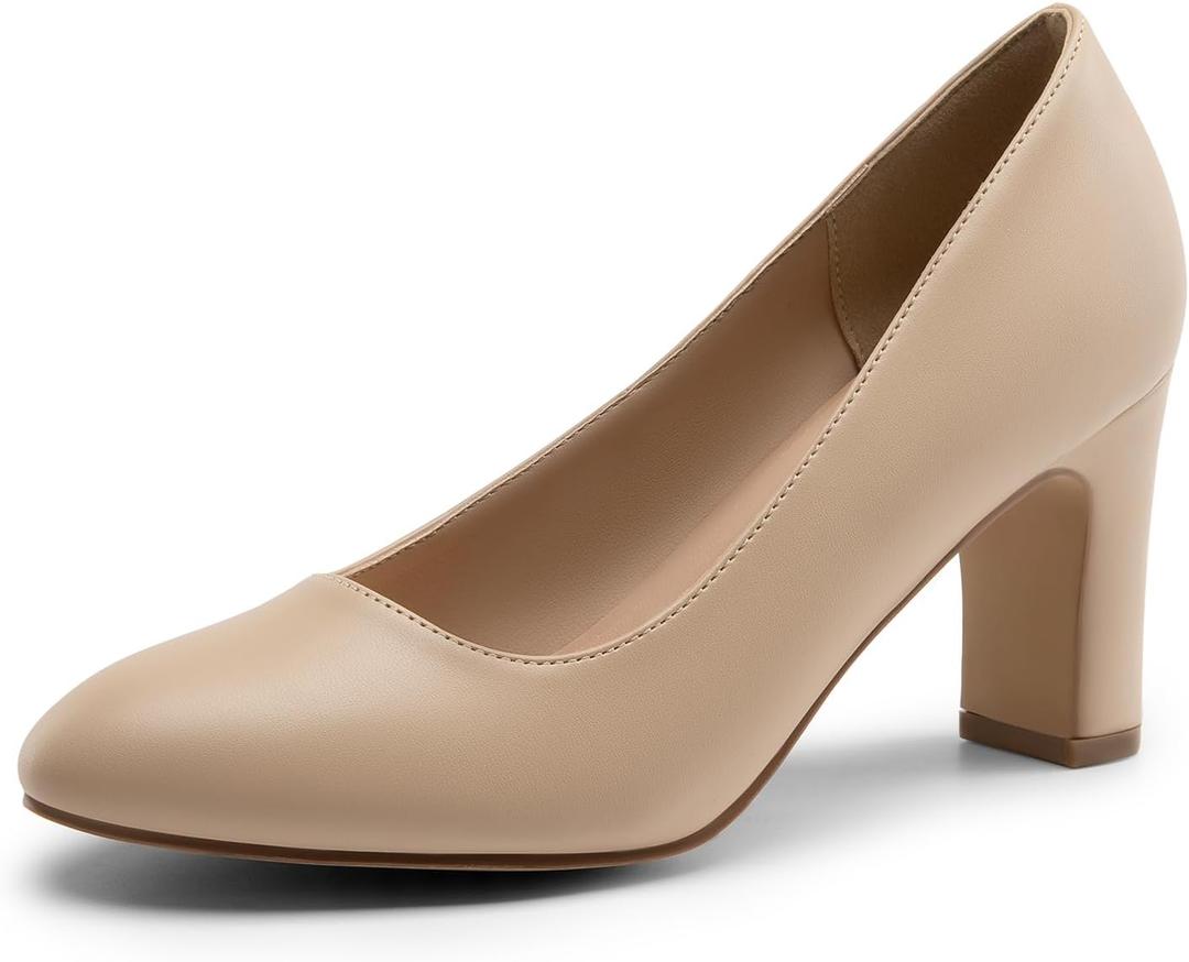 DREAM PAIRS Women's Block Heels Closed Toe High Chunky Rounded Toe Pumps Comfortable Slip On Work Shoes (8.5, Nude)