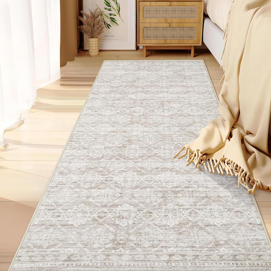 Runner Rug 2x7 Boho Geometric Area Rugs: Washable Kitchen Entryway Rug, Soft Non Slip Moroccan Long Hallway Rugs for Bedroom Bathroom Laundry Entryway Staircase Foyer (Ivory Mocha,2'x7')
