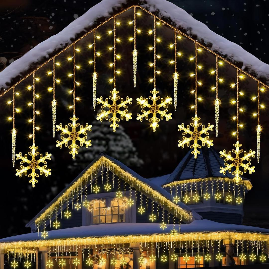 Enhon 14 Drops Christmas Snowflake Icicle String Light Outdoor, 11.5FT 175 LED Large Hanging Snowflake Icicle Window Curtain Fairy Outdoor Light with 8 Light Modes for Christmas(Warm White)