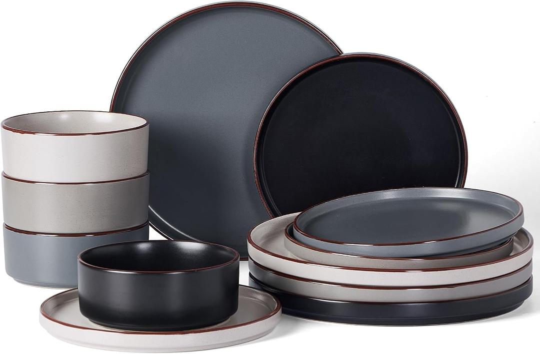 Famiware Nebula Ridge Stoneware Dinnerware Sets, Plates and Bowls Sets for 4, 12 Pieces Dishes Set, Microwave and Dishwasher Safe Kitchen Plates, Multi-color