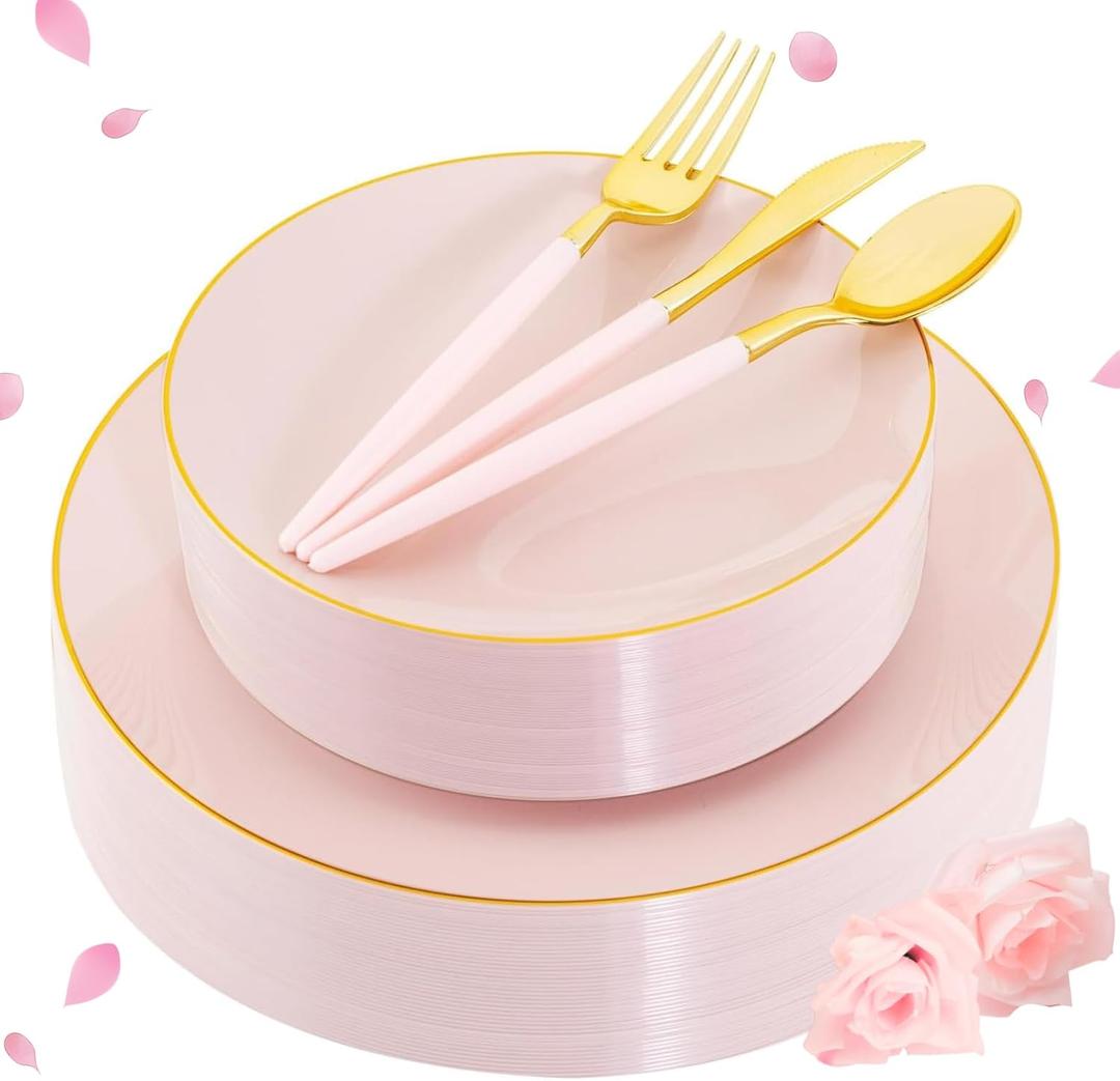 Liacere 150PCS Plastic Plates-Gold Plastic Silverware with Pink Handle - Pink Disposable Plates Include 30 Guests Plates, Forks, Spoons, Knives for Wedding  Easter Day Mother's Day (Round)
