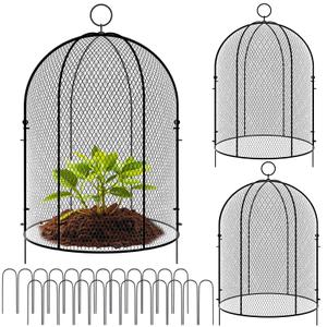 Novabright 2 Pack Garden Cloches for Plants 12" x 16" with Stakes & Zip Ties, Plant Covers from Animals Large Metal Mesh Chicken Wire Cloche Plant Protector Cage for Vegetable Garden Outdoor (Black)