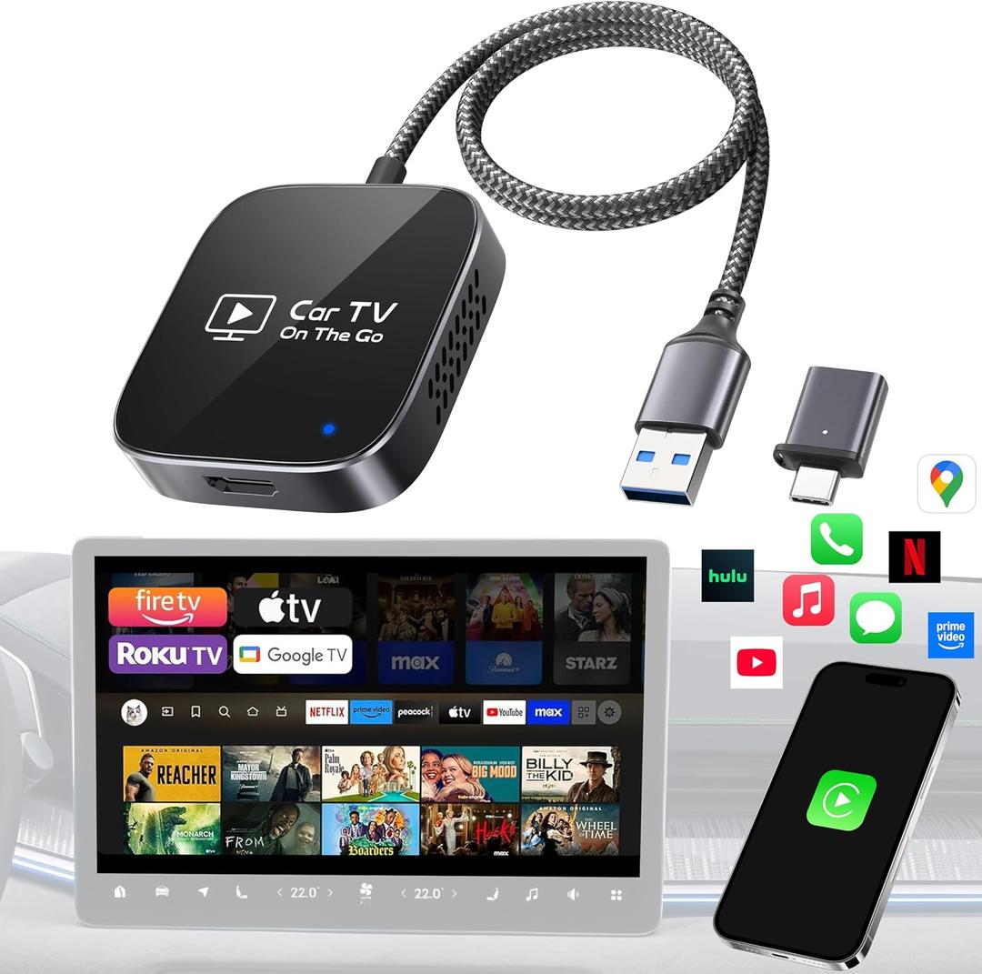 2-in-1 Wireless CarPlay Adapter & Car TV Mate Pro 2026 [Metal & Glass Case] Convert Wired to Wireless Car Play with HDMI Input for TV Stick, Screen Mirroring & Streaming, Fit for 2016+ Cars -Black