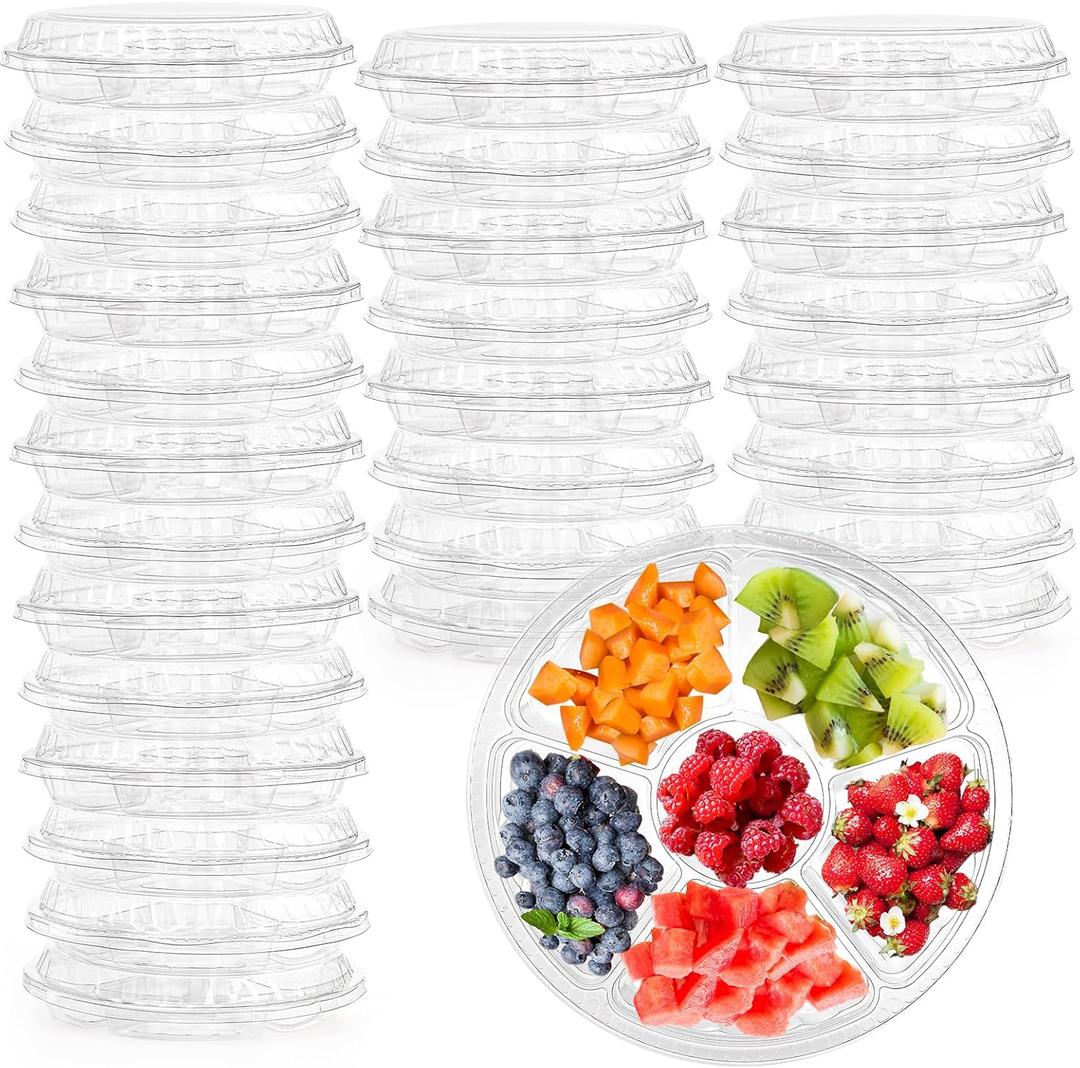 Lawei 30 Pack Plastic Appetizer Tray with Clear Lid, Stackable Round Serving Party Tray, 12 In Banquet Catering Fruit Vegetable Trays, Reusable 6 Divided Food Snack Dip Platter for Outdoor Buffet