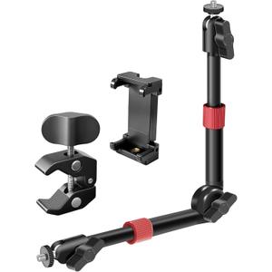 BZE Universal Retractable Magic Arm Clamp 11.8-15 Inch, Webcam Stand1/4" & 3/8" Thread with Phone Mount, Adjustable Camera Arm for Camera Lighting Mounting, Webcam, Action Camera, Smartphone (Red)