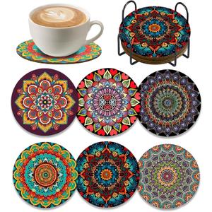 Set of 6 Wood Coasters with Holder,Mandala Diamond Art Wooden Coasters for Table Protection Absorbent Drink Cup Cork Base Farmhouse Housewarming Gifts,Heat-Resistant