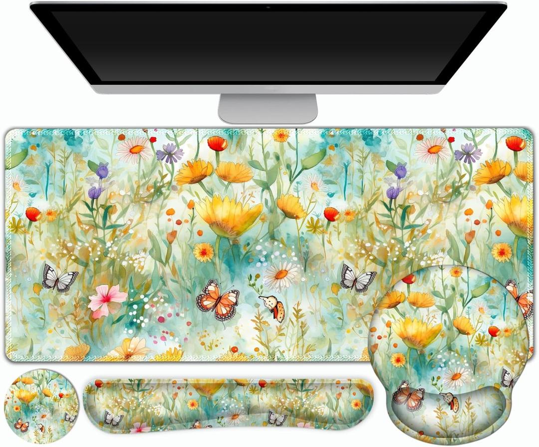 Gaming Mouse Pad, Large Desk Mat, Cute Desk Pad Protector, 4in1 XXL Mousepad + Keyboard Wrist Rest+Mouse Wrist Rest+Coaster Set with Ergonomic Desk Pad for Home Office PC Computer, Yellow Flowers