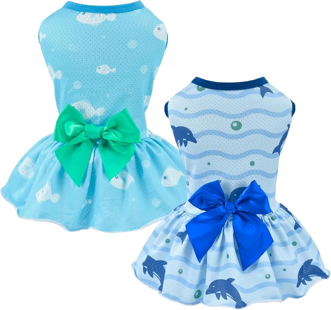 2-Pack Dog Summer Dress Breathable Puppy Cat Dresses with Bowknot Pet Summer Cool Outfits Skirts with Sea Fish Dolphin Patterns for Small Medium Dogs, M