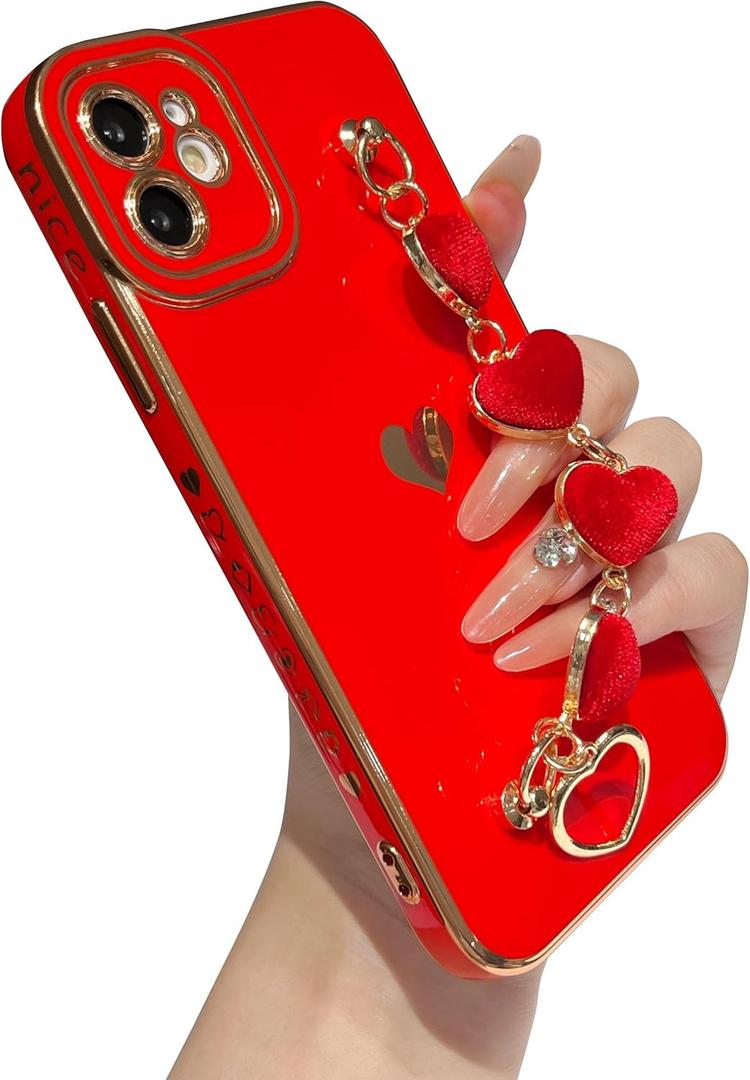 Caseative for iPhone 11 Case,Cute Plating Love Heart Wrist Strap Chain Bracelet Phone Case (Red)