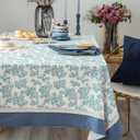 Rustic Tablecloth Solid Cotton Fabric Bordered Retro Tablecloths Classic Plant Leaf Printed Linen Fabric Table Cover Farmhouse Decoration 55x120 Inches Rectangle/Oblong Blue for Kitchen