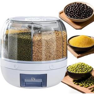 Rotating Grain Storage Bin 6 Grids Rice Container One-Click Output Large Capacity Food Dispenser For Rice Grains Sealed Moisture Proof Organizer (Large)