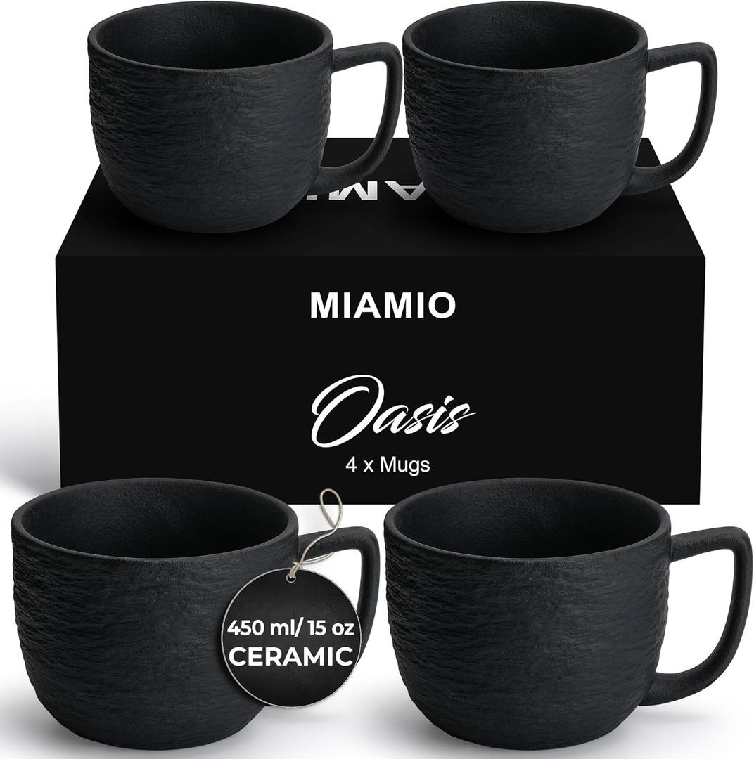 MIAMIO  15 oz Coffee Mugs/Mug Set of 4 - Ceramic Mug for Coffee, Latte, Cappuccino, and Tea - Oasis Collection (Black)