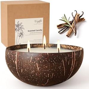 Viyffo Fall Candles - Vanilla & Sandalwood, 3 Wick Scented Candle, 12oz Soy Candles for Women & Men, Non Toxic Aromatherapy Candle, Natural Coconut Shell Velas Perfect for Autumn Home Decor & Gift