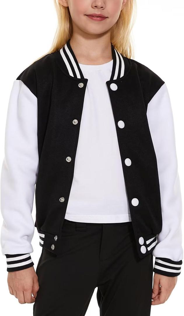 Kids Baseball Jacket School Varsity Uniform Casual Sweatshirt Girls Sweater Jacket Baseball Solid Color (10 Years, Black 01)