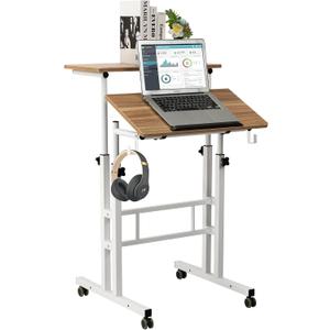 SIDUCAL Small Portable Height Adjustable Mobile Standing Desk Converter with Wheels - Rolling Desk Laptop Cart for Standing or Sitting - Vintage Oak (Standard)