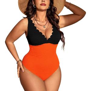 Womens One Piece Swimsuits-Sexy Deep V Neckline Tummy Control Bathing Suit Slimming Mesh Swimwear  (Medium Plus, Orange + Black)