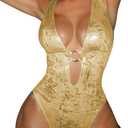 ChiaoLezhee Women's Metallic One Piece Swimsuit Sexy Plunge Cutout Bodysuit Festival Rave Outfits, Size XL