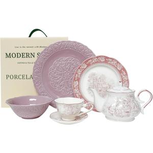 ACMLIFE Dinnerware Sets for Women, 6-Piece Porcelain Relief Dinner Set for Kitchen Service with 1 Bowl, 1 Plate, 1 Salad Plate, 1 Teapot, 1 Teacup and 1 Saucer, Christmas Gifts (Rose, 6)