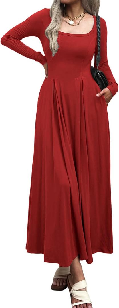 Mieazom Women Long Sleeve Square Neck Maxi Dress A-Line Pleated Flowy Elegant Party Cocktail Winter Fall Dresses with Pockets L