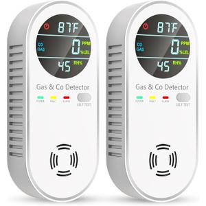 Carbon Monoxide Detectors and Natural Gas Detector, 4-in-1 Carbon Monoxide Detectors Plug in, Gas Leak Detector with Dual Alarms, Temperature & Humidity Sensor for Home, RV, White, 2 Pack