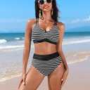 Blooming Jelly Womens High Waisted Bikini Sets Striped Tummy Control Swimsuits Color Block Two Piece Bathing Suit (Black, S)