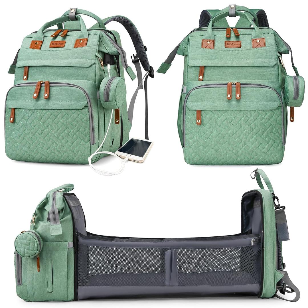 Astro alan Baby Diaper Bag with Changing Station, Waterproof Diaper Bag Backpack for Moms Dads with USB Charging Port, Baby Shower Gifts, Large Capacity diaper backpack, Pale Green