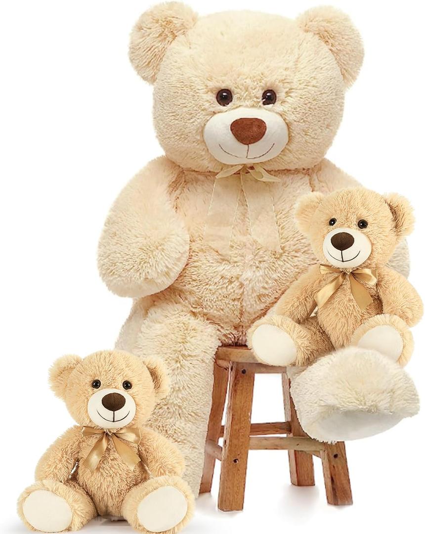 MorisMos Giant Teddy Bears with Babies, 36inch Large Mommy Bear with 2 Babies Stuffed Animals for Baby Shower, Big Bear Plush (Beige Brown)