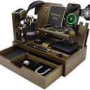 Nightstand Organizer for Men with Large Drawer, Wood Phone Docking Station for Phone, Apple Watch, Wallet & Keys, Ideal Birthday Gift for Father Husband, Bedside Desk Organizer (Brown)