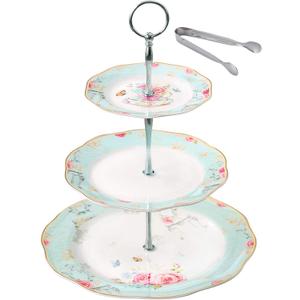 Jusalpha Light Blue 3-tier Ceramic Cake Stand- Cupcake Stand- Tea Party Pastry Serving Platter Comes In a Gift Box- Free Sugar Tong (FD-QD3T) (Blue, 1 Set)