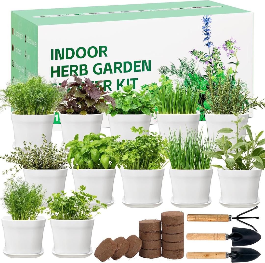 12 Herb Garden Kit Indoor - 42 Pcs Complete Kitchen Window Herbs Seeds Growing Starter Set Kit Gardening Gift Birthday Housewarming Christmas Gift for Women Her Mom Men Home Chefs Gardener Beginner