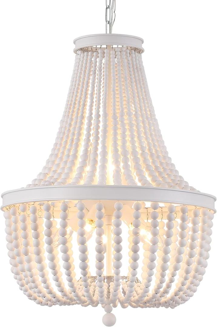 Q&S Beaded Chandelier Farmhouse White Wood Beaded Boho Light Fixture Vintage Antique 8 Lights for Dining Room Nursery Kitchen Foyer Bedroom Living Room UL Listed