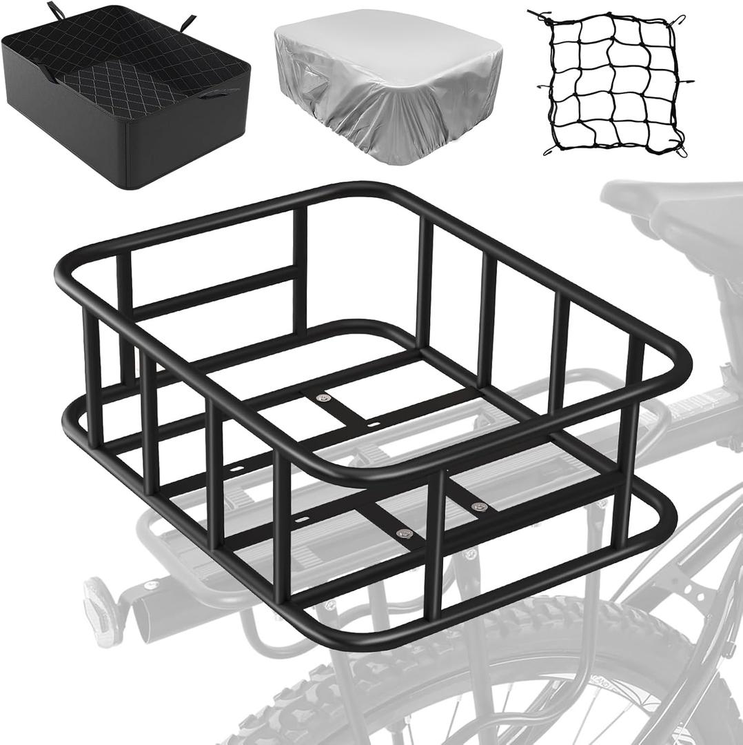 Bike Basket Rear Rack Bike Basket with Cargo Net and Liner Large Bicycle Basket Heavy Duty Bicycle Rear Basket