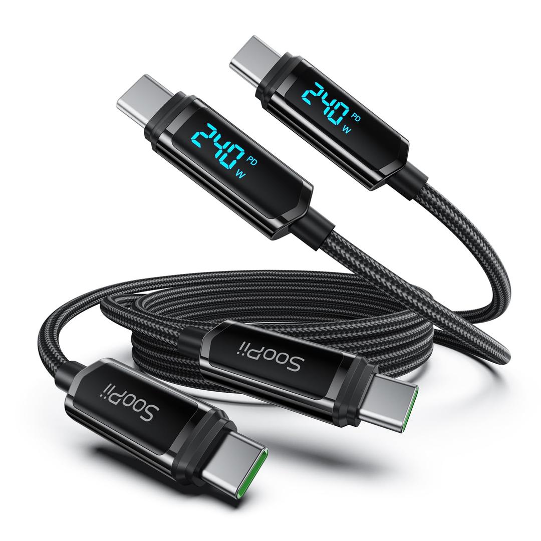 SOOPII USB C to USB C Cable [4ft/2Pack], 240W USB C Cable,Nylon Braided Type C Fast Charging Cables with LED Display for lPhone 16/15 Pro Max, Galaxy S25/S24, MacBook Pro/Air, iPad, Laptop,Black