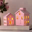 Valentines Village Sets, 3Pc2 Cute Pink Valentines Day Resin Village Decor with Flocked, Valentines Galentines Decorations Farmhouse Rustic Decor for Home Office Shelf Table Desk Mantel Gifts
