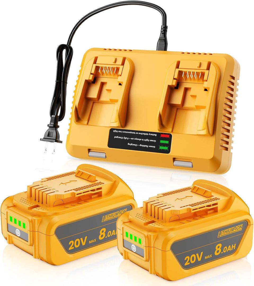 Bonadget 2Pack 8.0Ah Replacement for Dewalt 20V MAX Battery and DCB102 Charger Combo Compatible with Dewalt 20V MAX Battery Charger Kit DCB206 DCB207 DCB200 DCB201 DCB203 Lithium Power Tools (Black&Yellow)