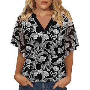 onlypuff Spring Blouses for Women 2024, Ruffles Sleeve Womens Tunic Tops Dressy Casual Ladies V Neck Office Shirts Business Attire Summer Work Clothes Swing Sheer Elegant Peasant Tops Black Daffodils M