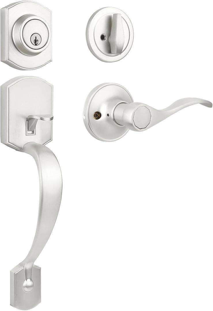 Probrico Exterior Door Lock Set Satin Nickel Front Door Lock Set, Entry Door Locksets with Deadbolt Single Cylinder Front Door Handle and Deadbolt Set, 1 Set